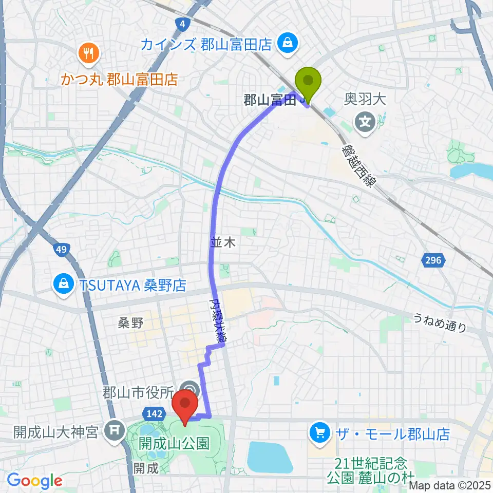 ヨーク開成山スタジアムの最寄駅郡山富田駅からの徒歩ルート（約42分）地図