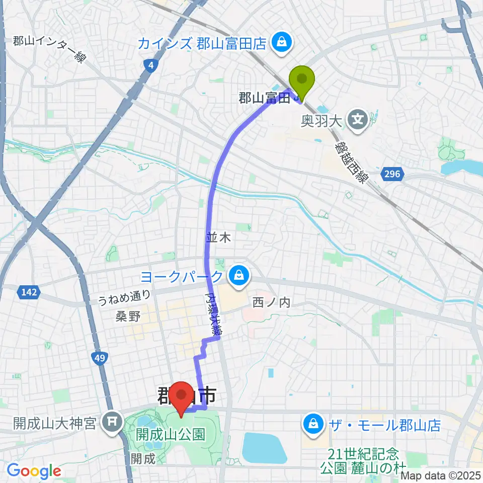 ヨーク開成山スタジアムの最寄駅郡山富田駅からの徒歩ルート（約42分）地図