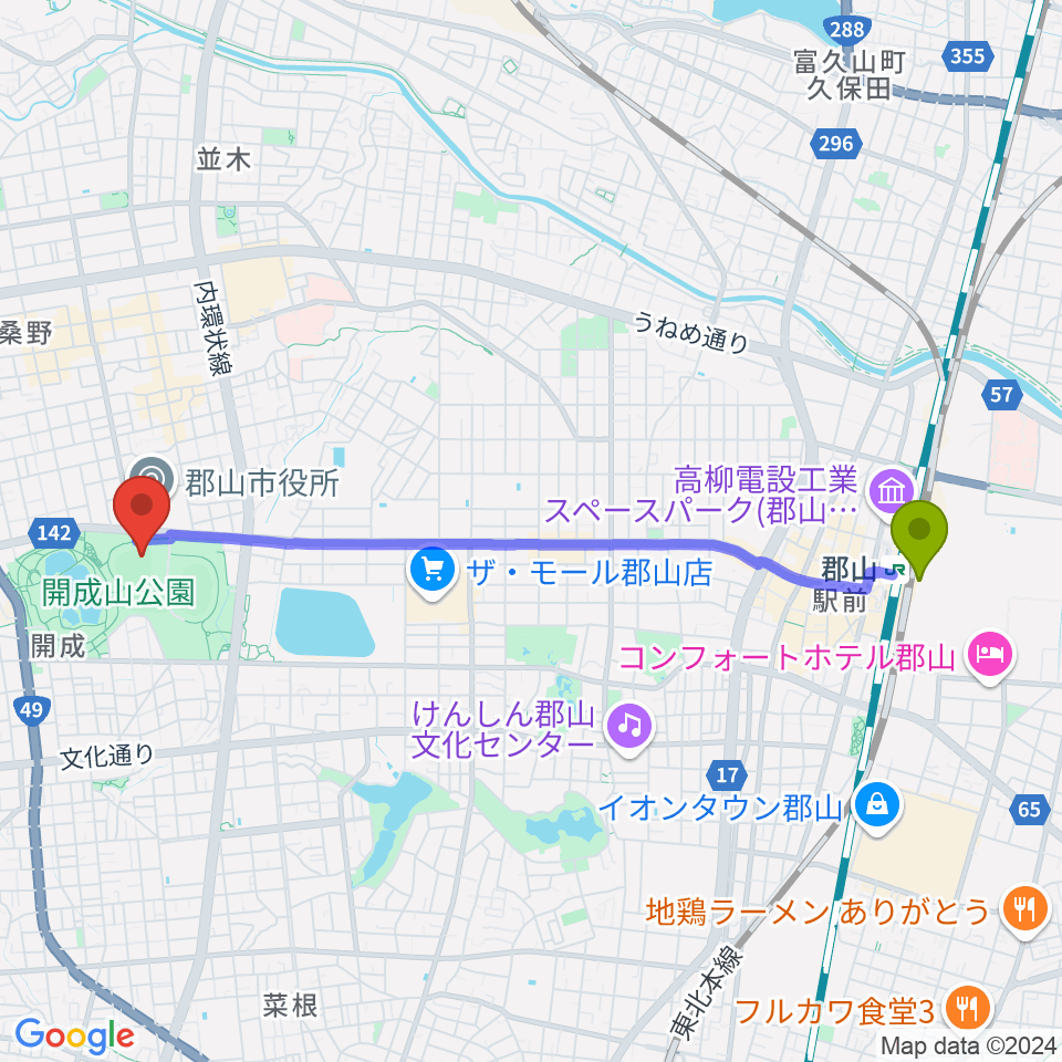 郡山駅からヨーク開成山スタジアムへのルートマップ地図