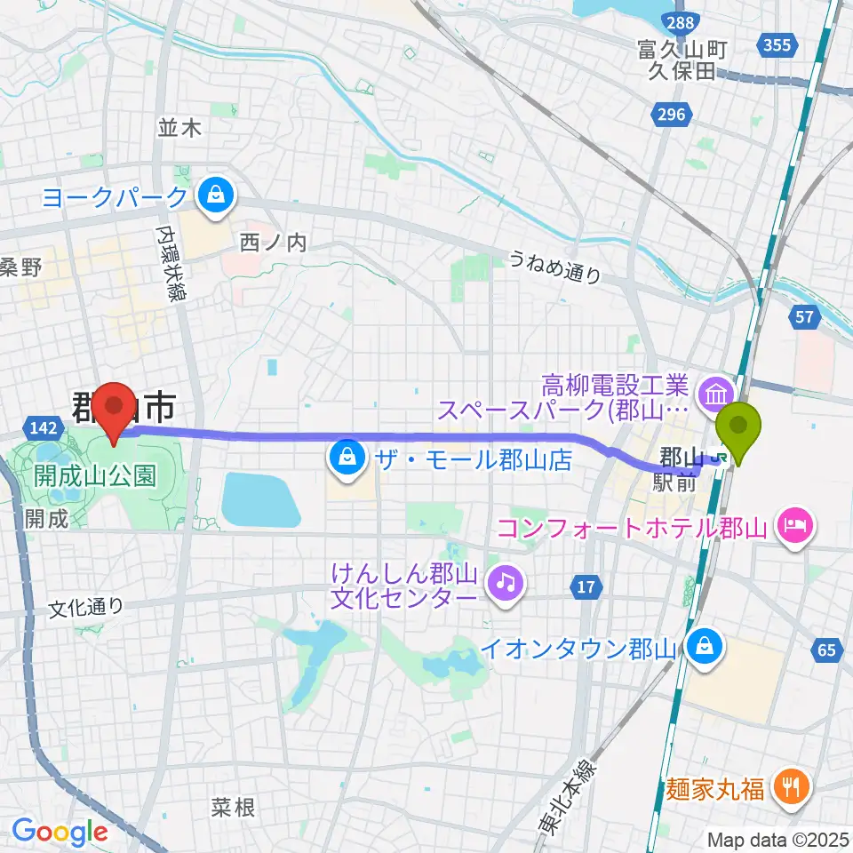 郡山駅からヨーク開成山スタジアムへのルートマップ地図