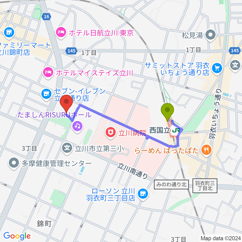 立川市子ども未来センターの最寄駅西国立駅からの徒歩ルート（約7分）地図