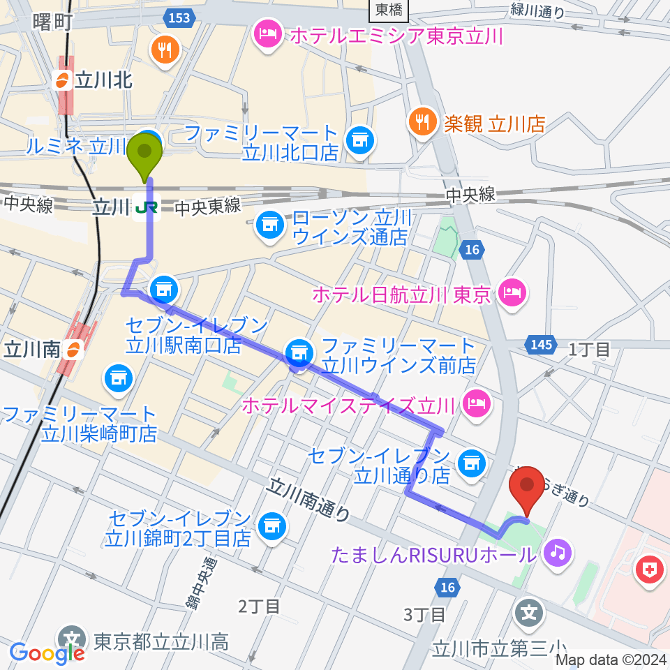 立川駅から立川市子ども未来センターへのルートマップ地図