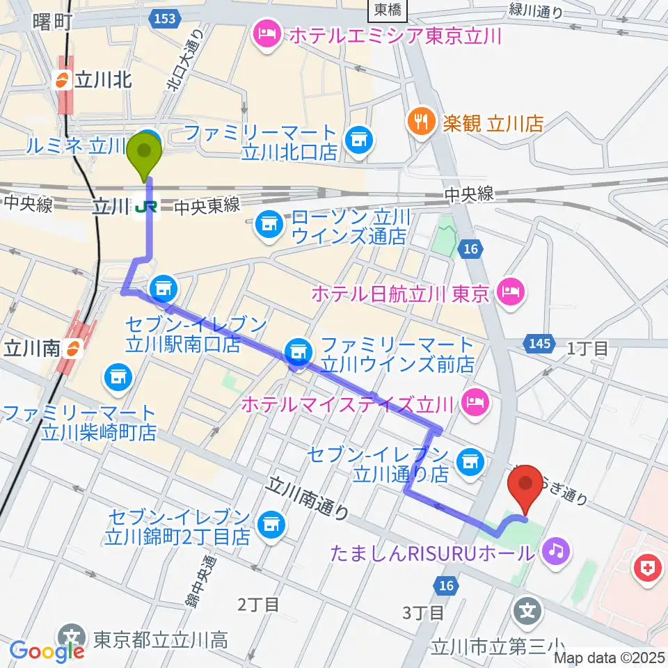 立川駅から立川市子ども未来センターへのルートマップ地図