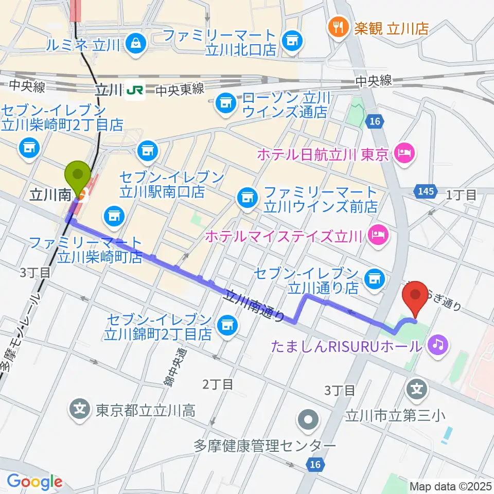 立川南駅から立川市子ども未来センターへのルートマップ地図
