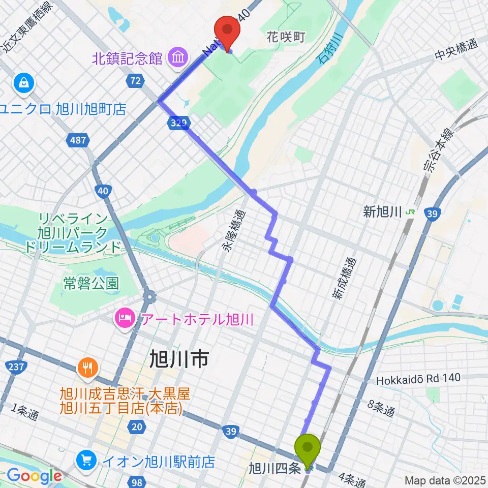旭川四条駅から旭川スタルヒン球場へのルートマップ地図