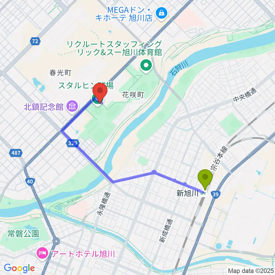 旭川スタルヒン球場の最寄駅新旭川駅からの徒歩ルート（約27分）地図