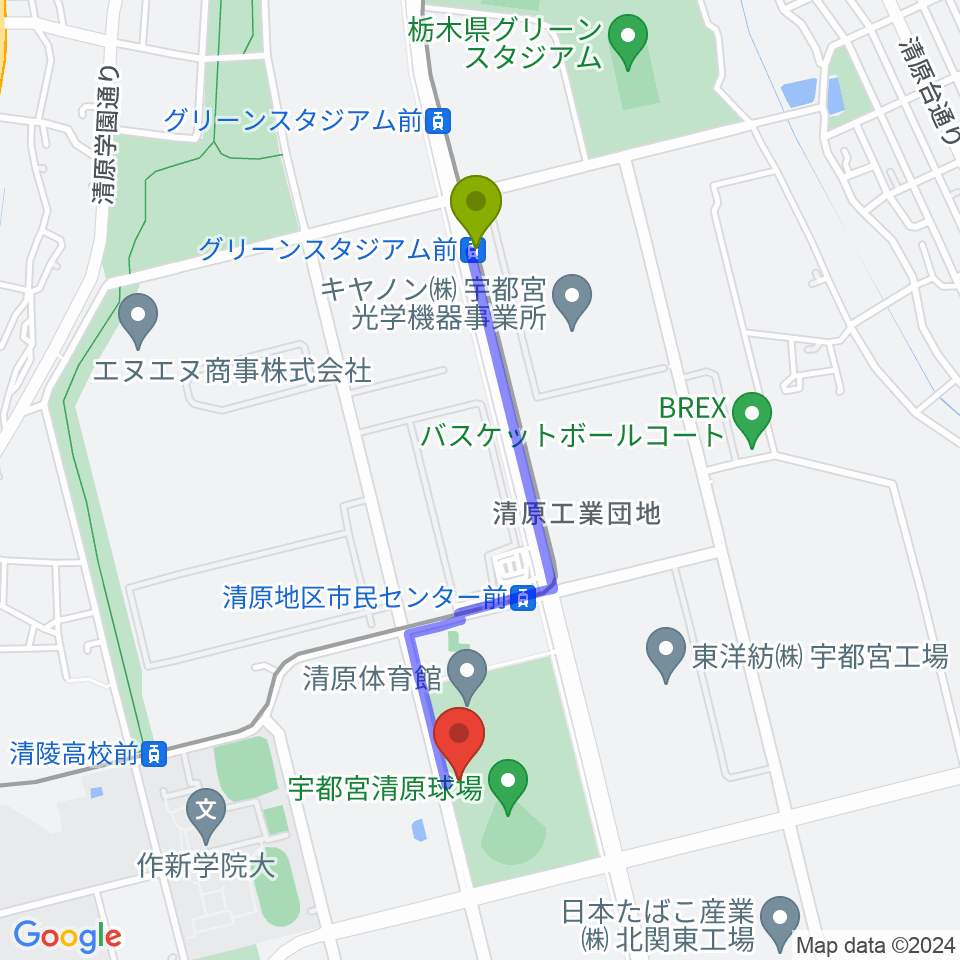 グリーンスタジアム前駅から宇都宮清原球場へのルートマップ地図