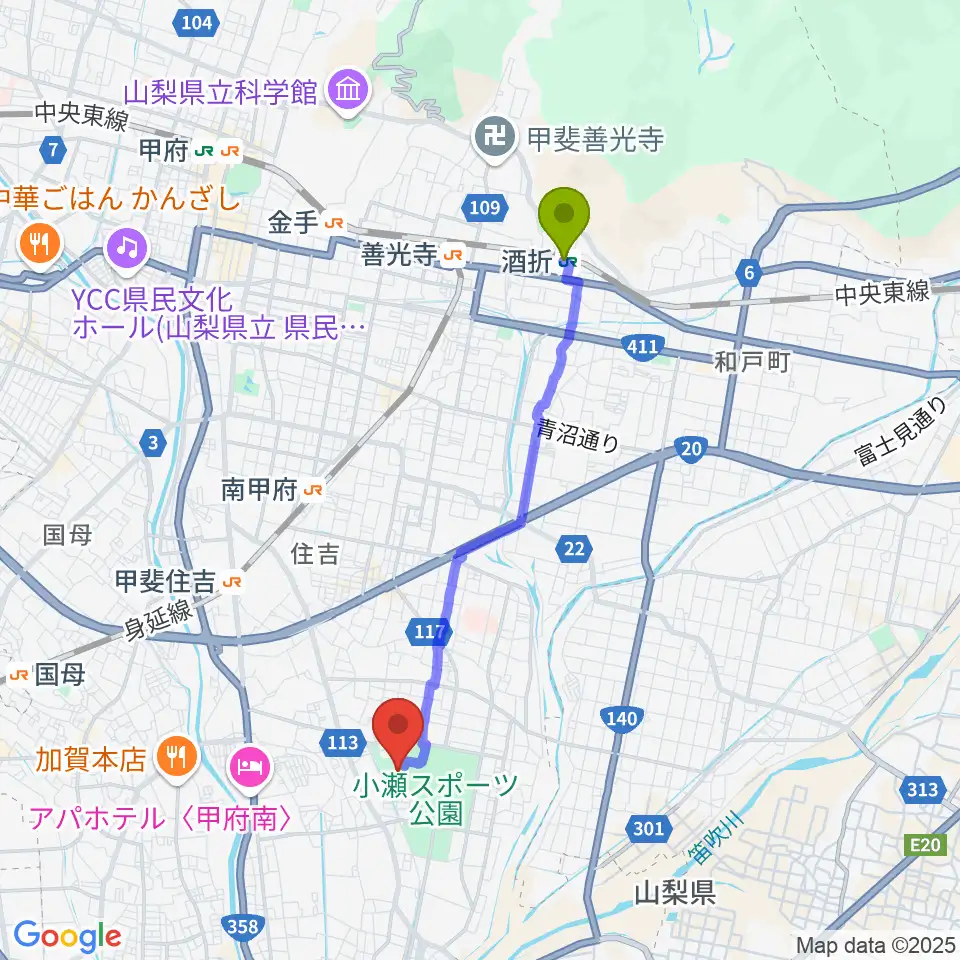酒折駅から山日YBS球場へのルートマップ地図
