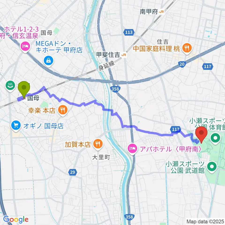 国母駅から山日YBS球場へのルートマップ地図
