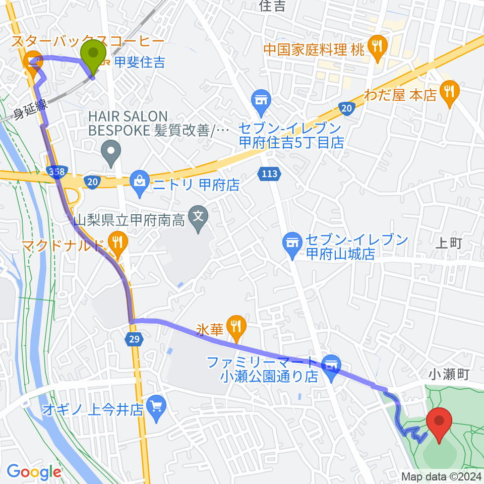 山日YBS球場の最寄駅甲斐住吉駅からの徒歩ルート（約32分）地図