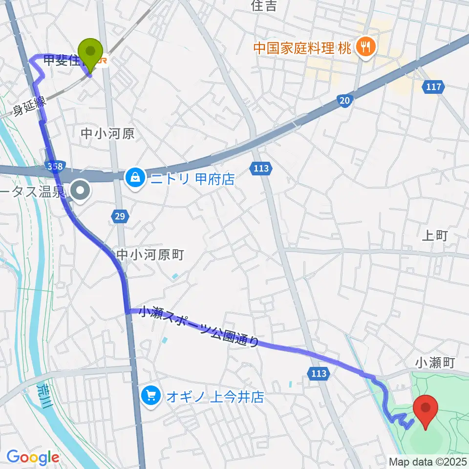 山日YBS球場の最寄駅甲斐住吉駅からの徒歩ルート（約32分）地図