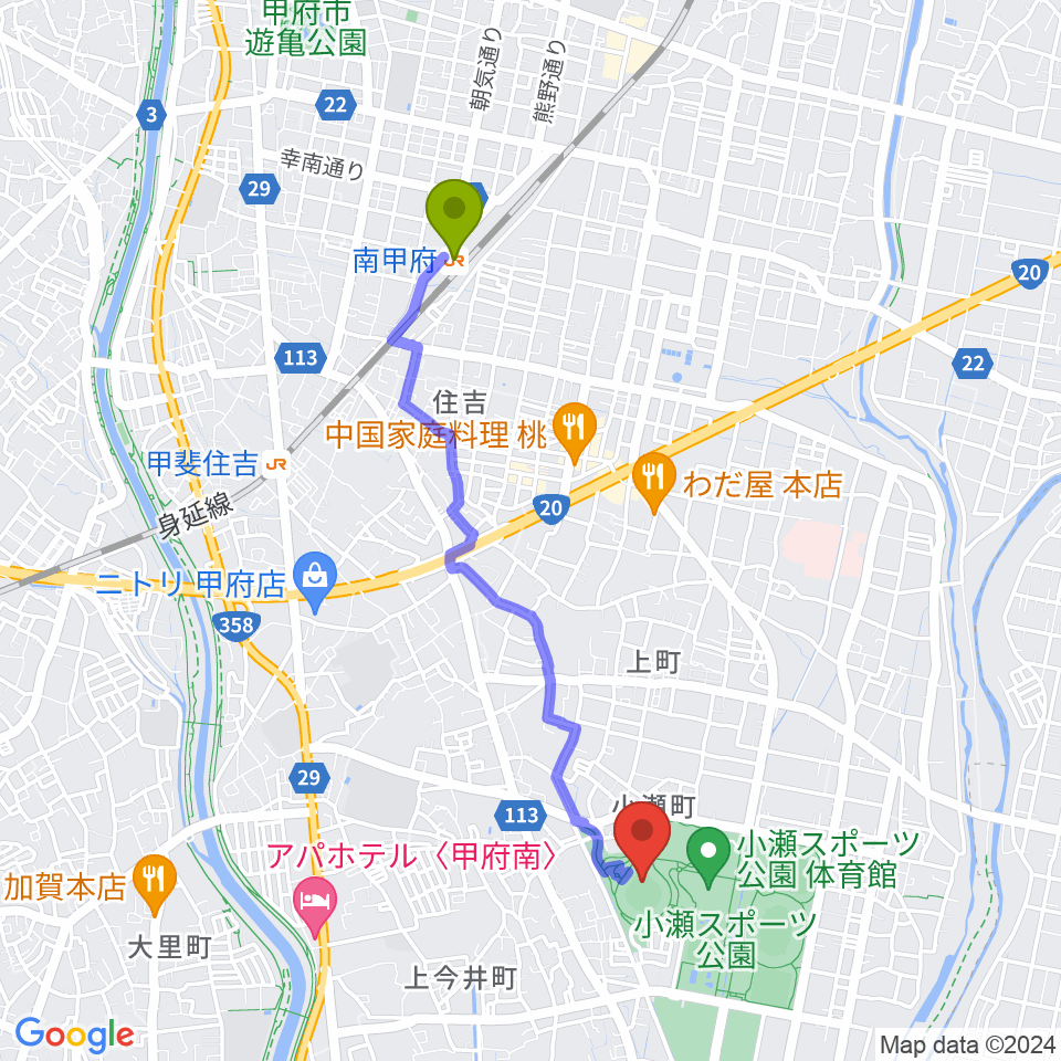 南甲府駅から山日YBS球場へのルートマップ地図