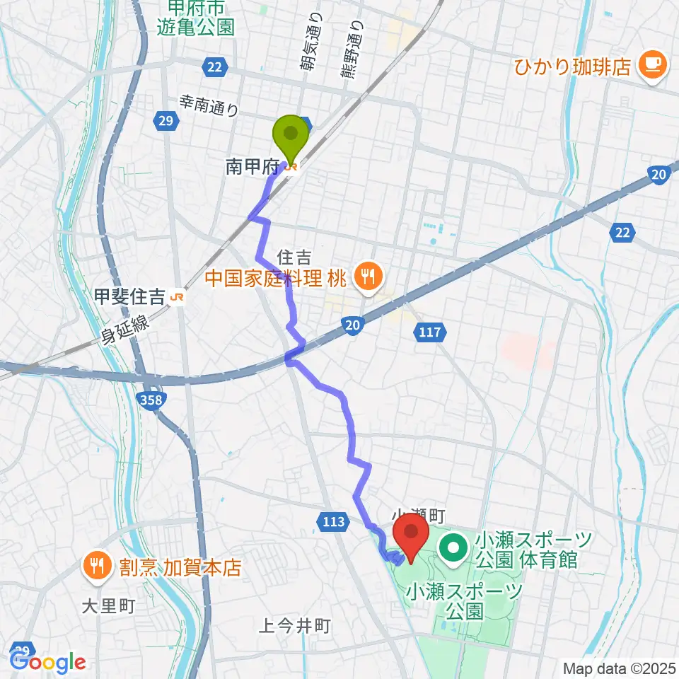 南甲府駅から山日YBS球場へのルートマップ地図