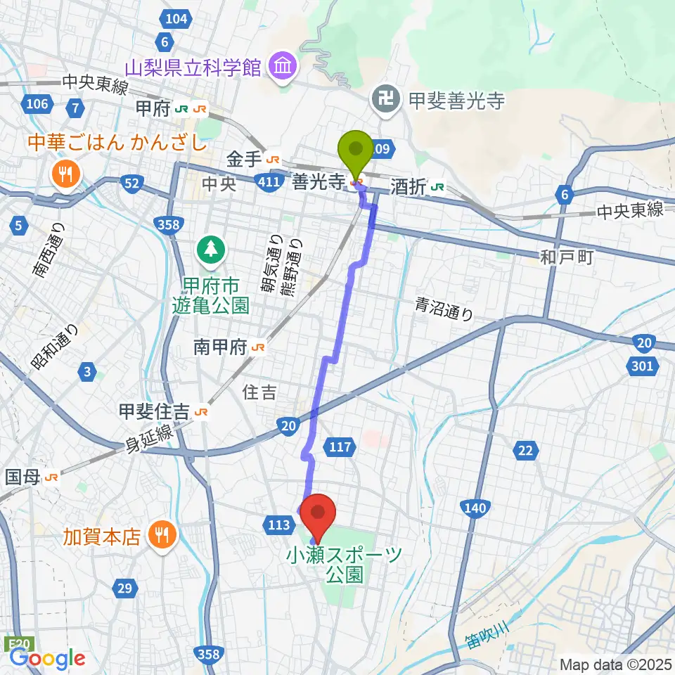 善光寺駅から山日YBS球場へのルートマップ地図