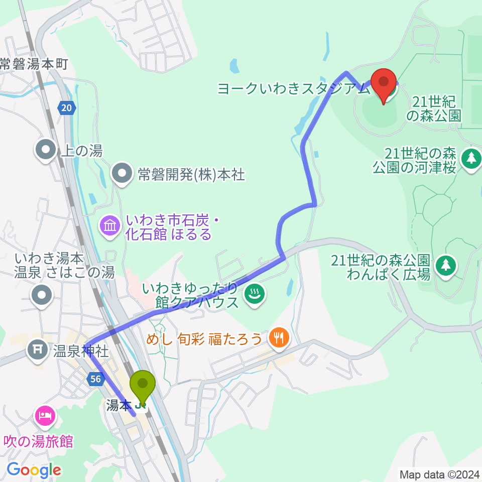 ヨークいわきスタジアムの最寄駅湯本駅からの徒歩ルート（約24分）地図