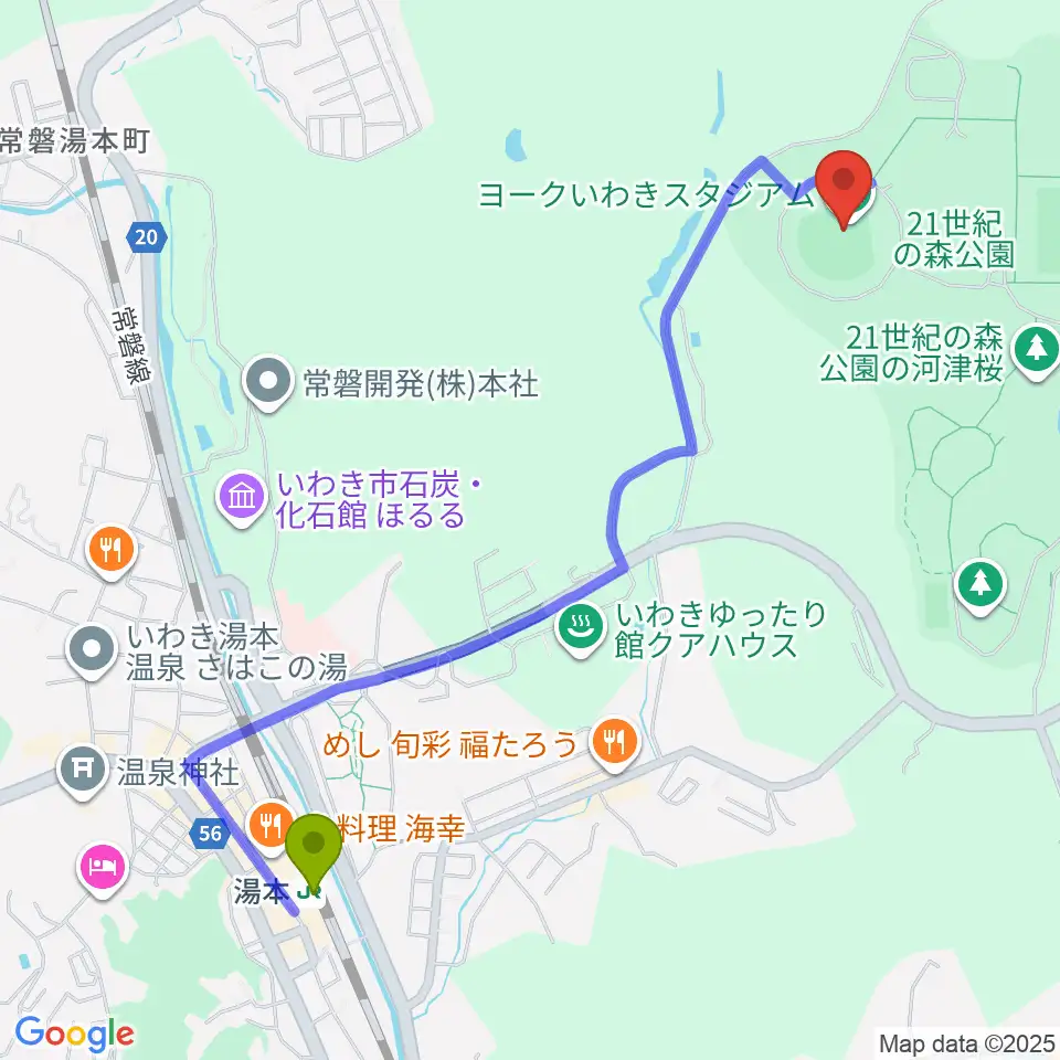 ヨークいわきスタジアムの最寄駅湯本駅からの徒歩ルート（約24分）地図