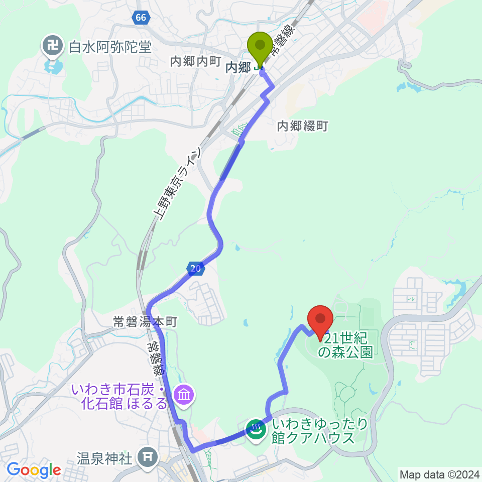 内郷駅からヨークいわきスタジアムへのルートマップ地図