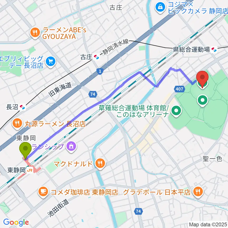 東静岡駅から静岡草薙球場へのルートマップ地図
