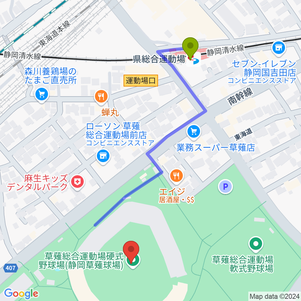 静岡草薙球場の最寄駅県総合運動場駅からの徒歩ルート（約6分）地図