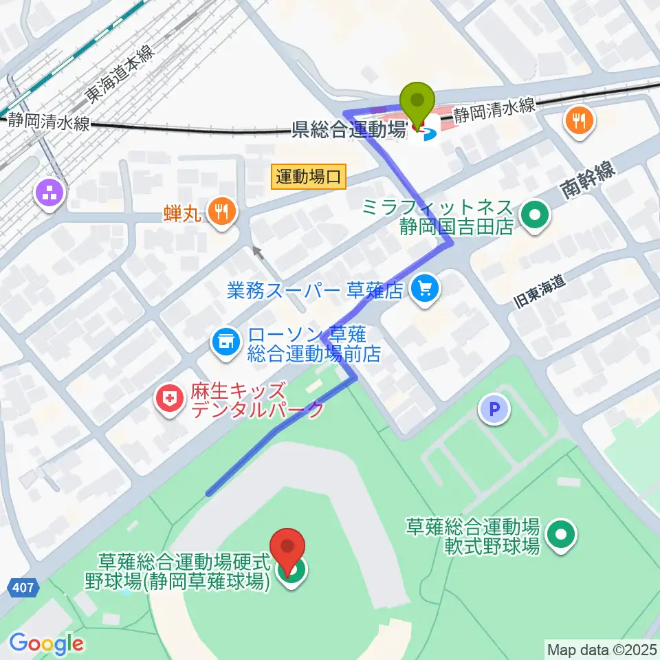 静岡草薙球場の最寄駅県総合運動場駅からの徒歩ルート（約6分）地図