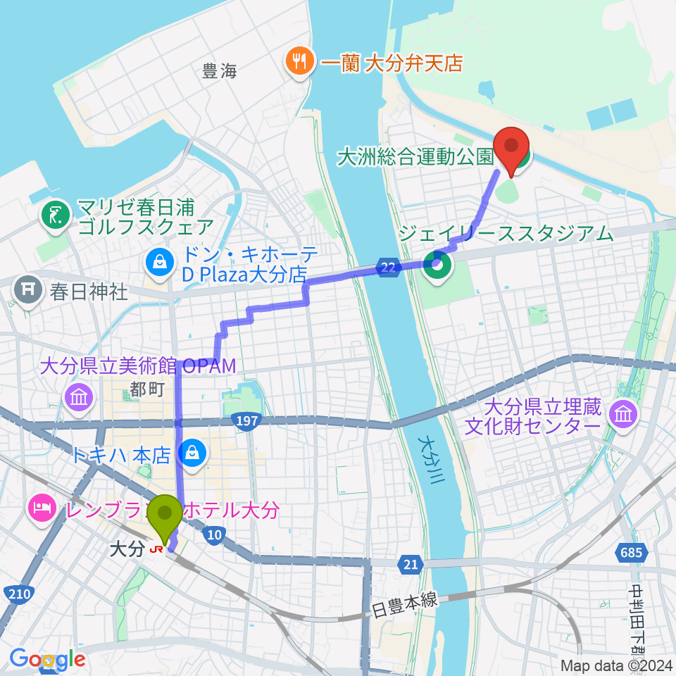 大分駅から別大興産スタジアムへのルートマップ地図