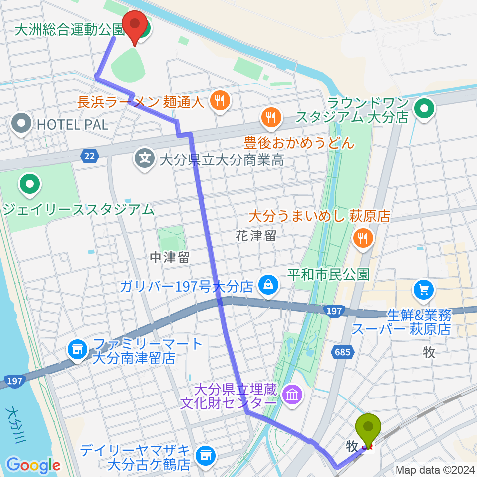 別大興産スタジアムの最寄駅牧駅からの徒歩ルート（約31分）地図