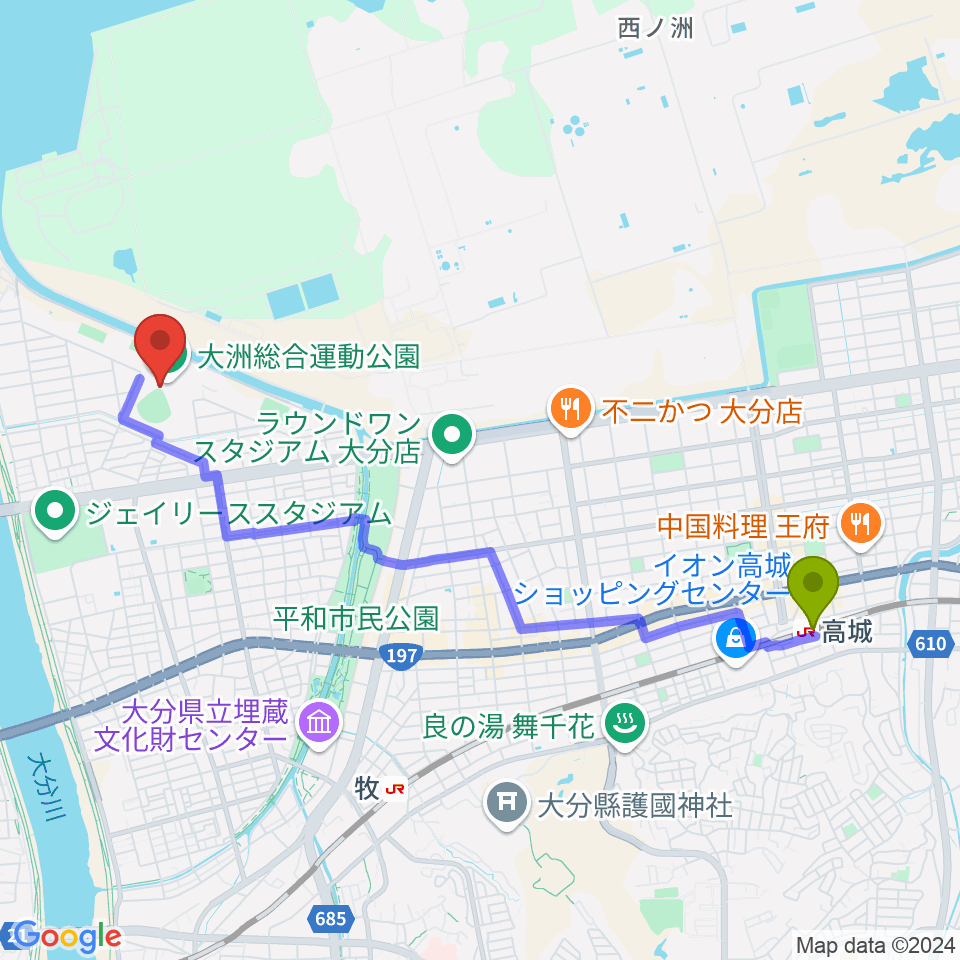 高城駅から別大興産スタジアムへのルートマップ地図