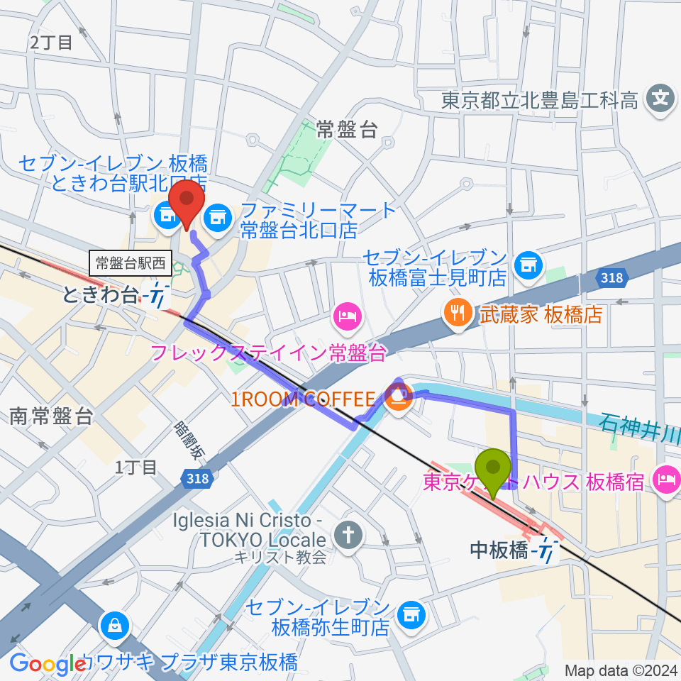 中板橋駅からときわ台Caveへのルートマップ地図