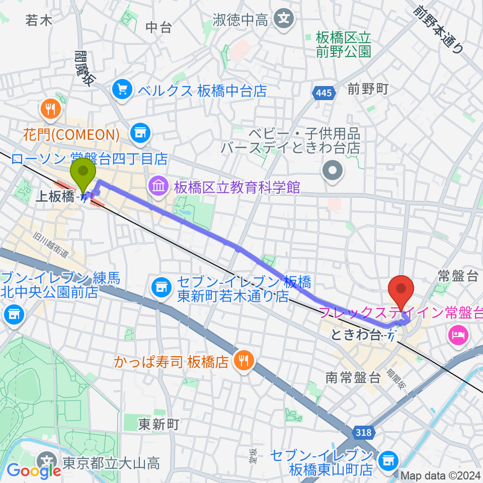 上板橋駅からときわ台Caveへのルートマップ地図