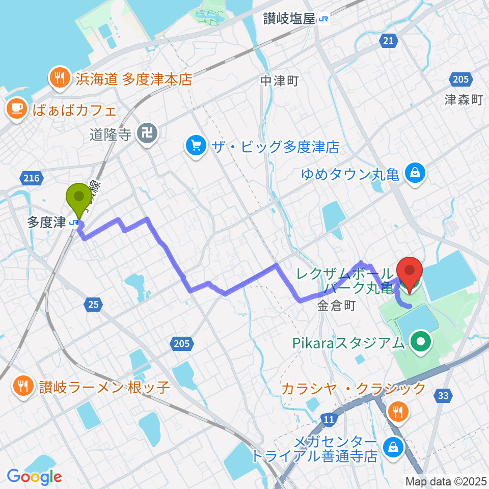 多度津駅からレクザムボールパーク丸亀へのルートマップ地図