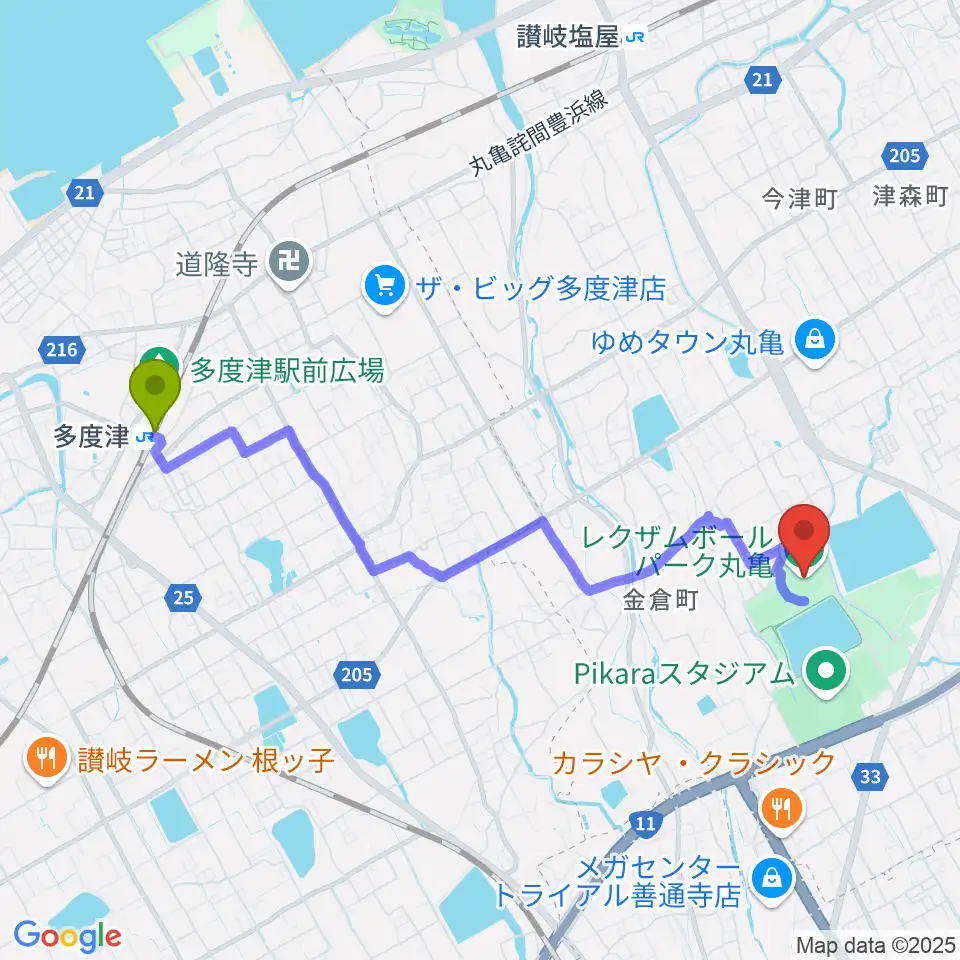 多度津駅からレクザムボールパーク丸亀へのルートマップ地図