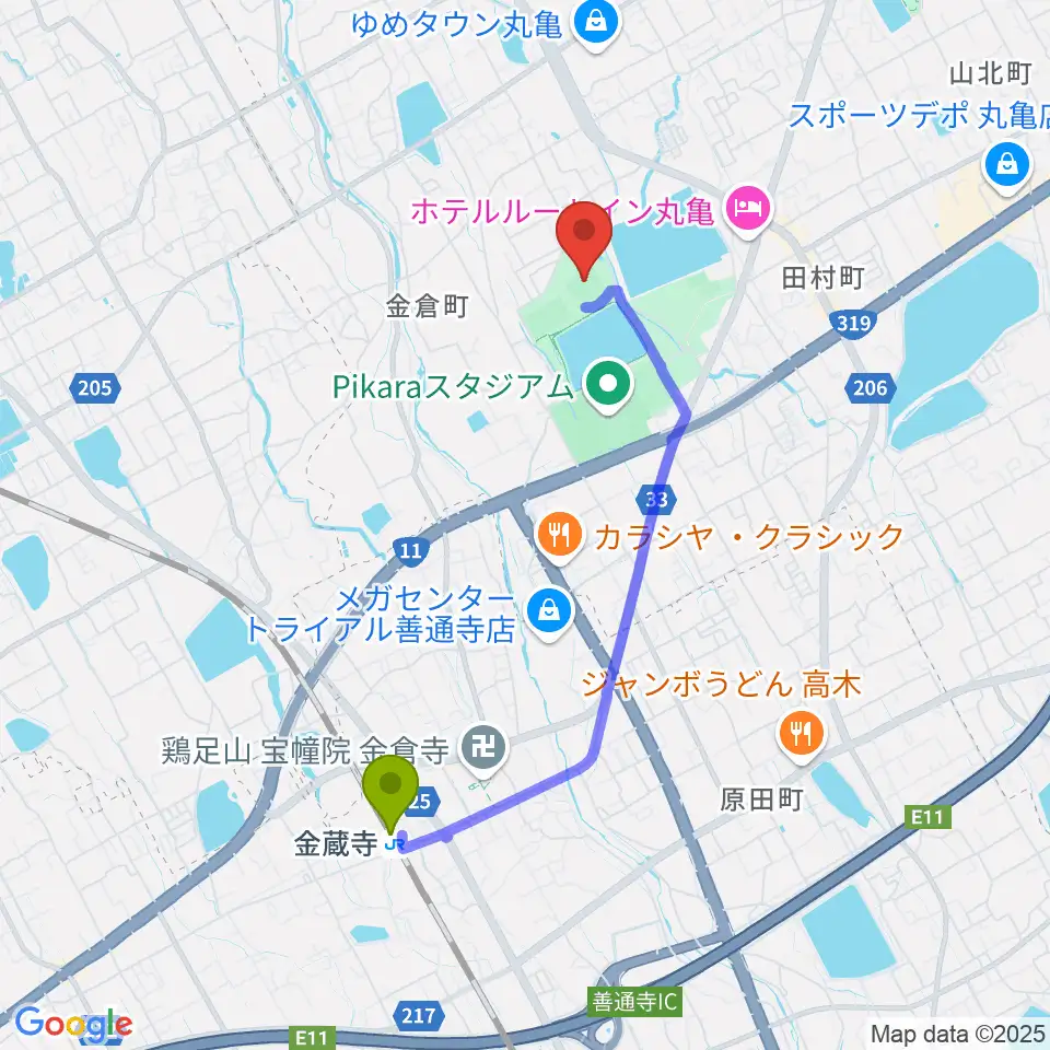 レクザムボールパーク丸亀の最寄駅金蔵寺駅からの徒歩ルート（約35分）地図