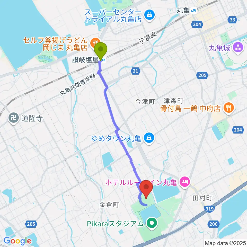 讃岐塩屋駅からレクザムボールパーク丸亀へのルートマップ地図