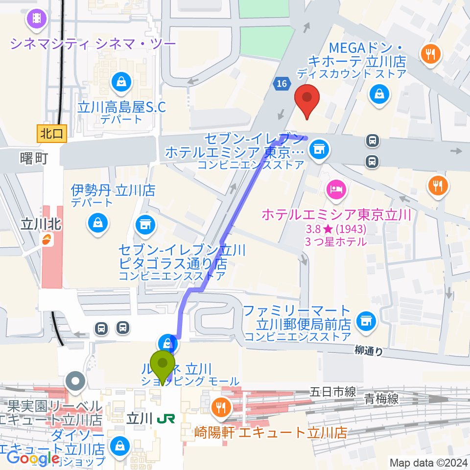 立川駅からディスクユニオン立川店へのルートマップ地図