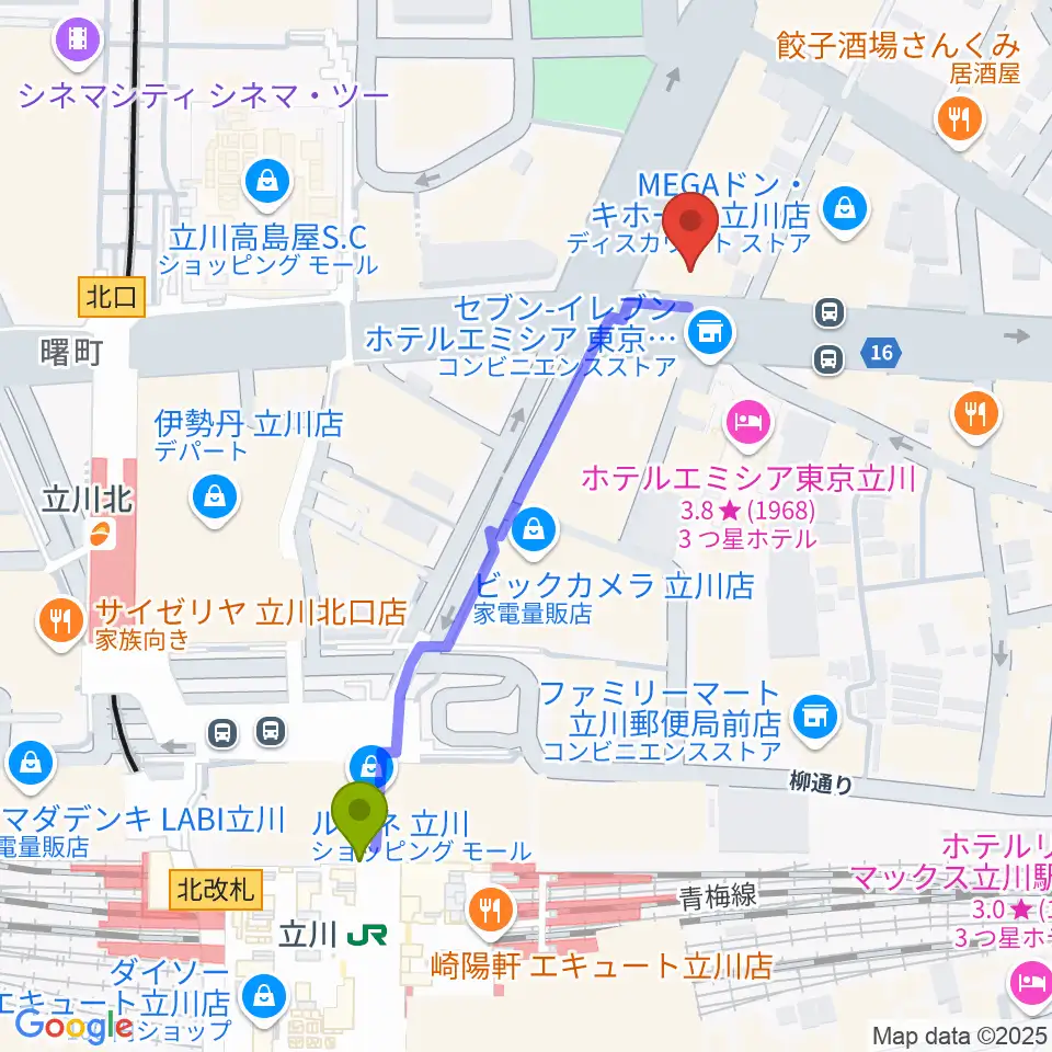 立川駅からディスクユニオン立川店へのルートマップ地図