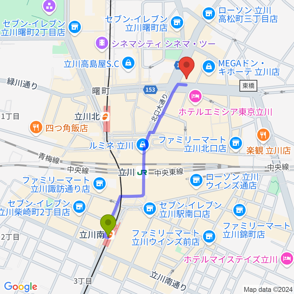 立川南駅からディスクユニオン立川店へのルートマップ地図