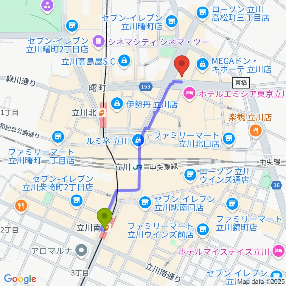 立川南駅からディスクユニオン立川店へのルートマップ地図