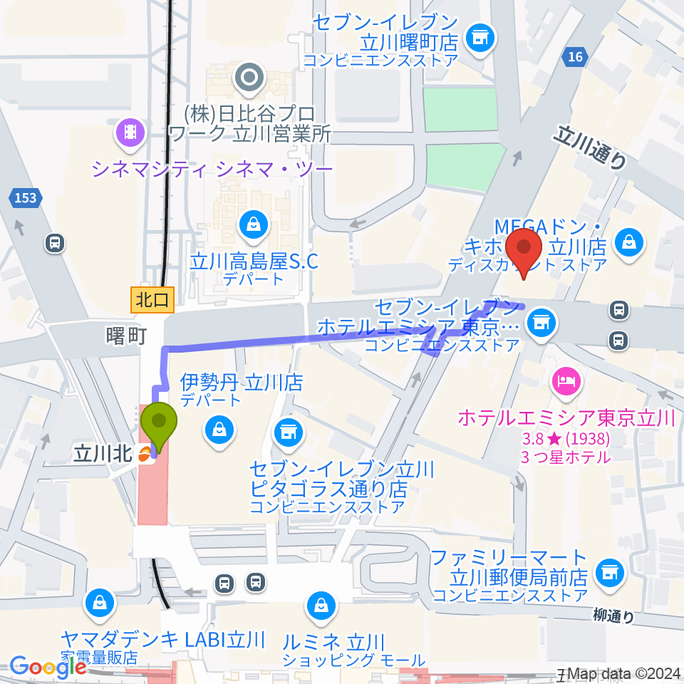 ディスクユニオン立川店の最寄駅立川北駅からの徒歩ルート（約5分）地図