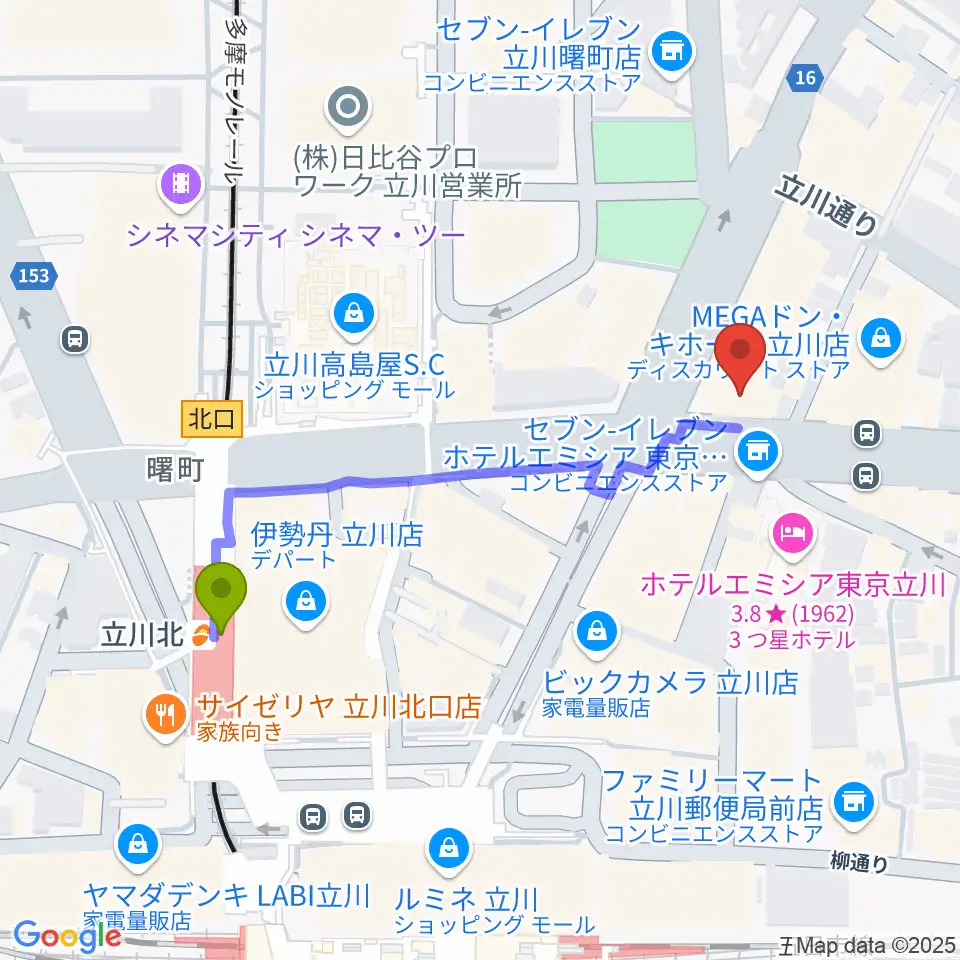 ディスクユニオン立川店の最寄駅立川北駅からの徒歩ルート（約5分）地図