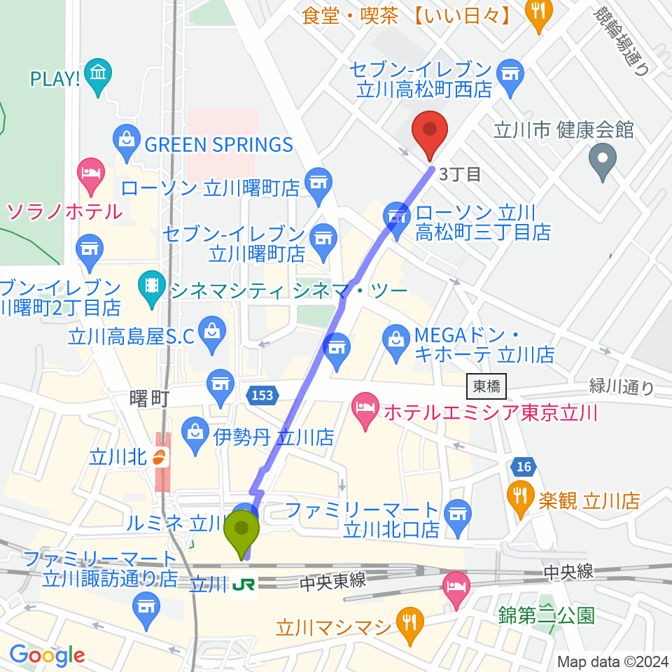 立川駅から青江楽器 Music Inn Tomへのルートマップ地図