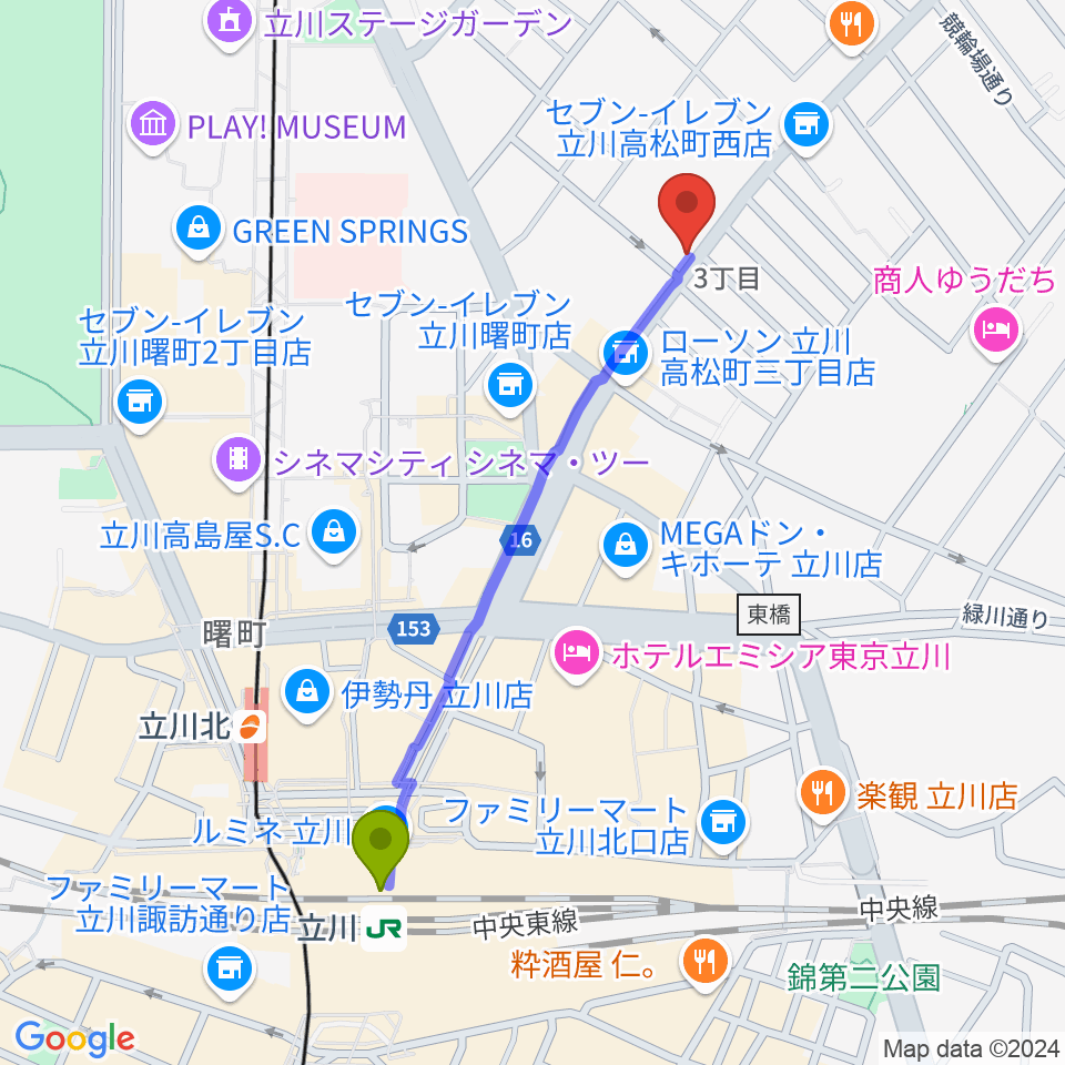 立川駅から青江楽器ミュージック・イン・トムへのルートマップ地図