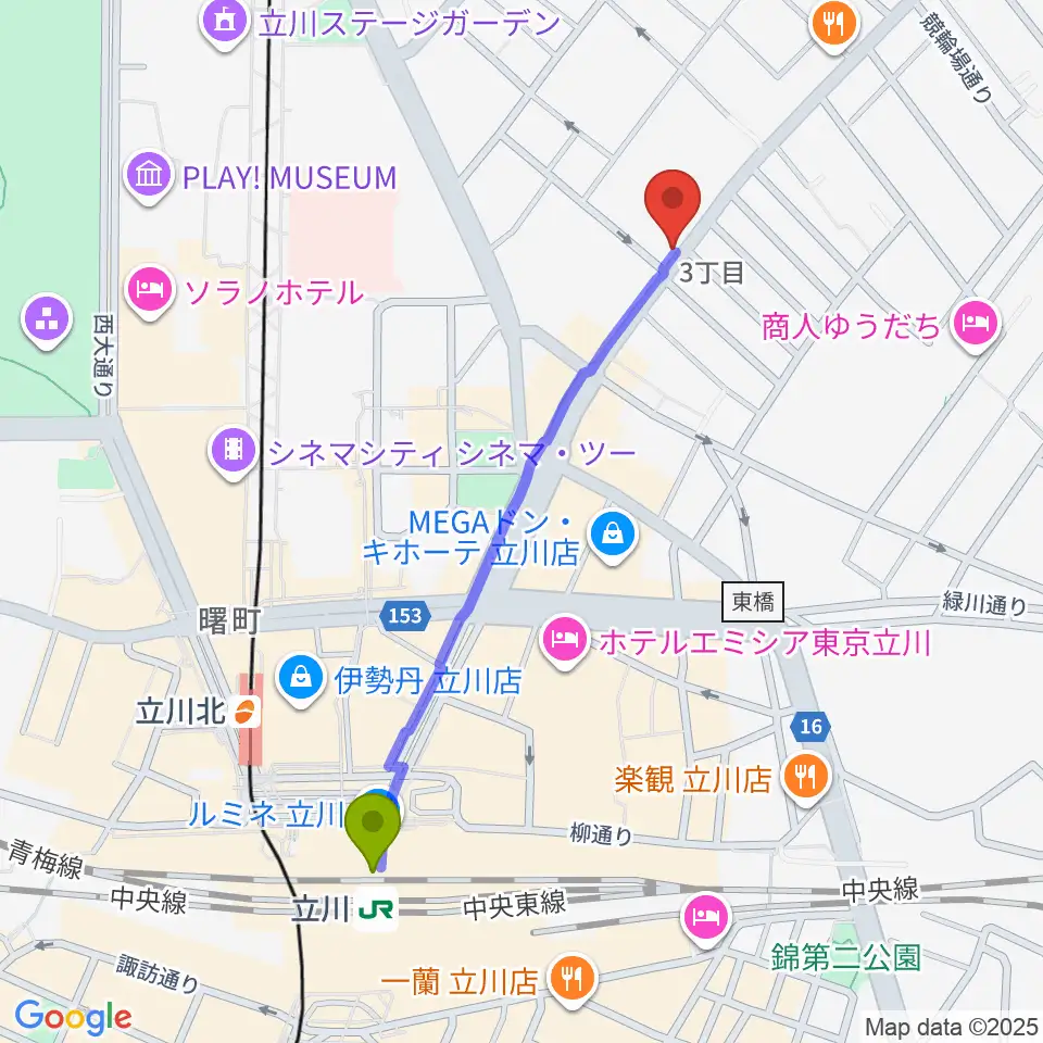 立川駅から青江楽器ミュージック・イン・トムへのルートマップ地図