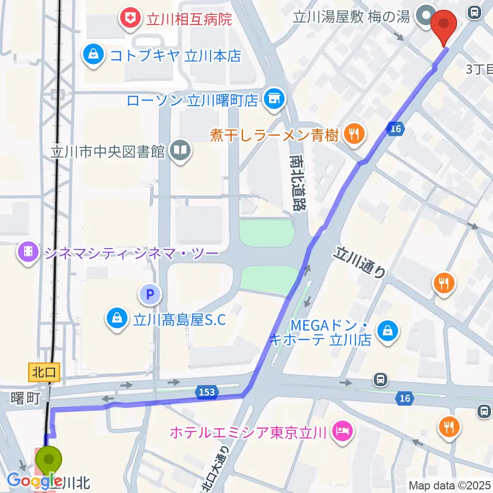 青江楽器ミュージック・イン・トムの最寄駅立川北駅からの徒歩ルート（約9分）地図