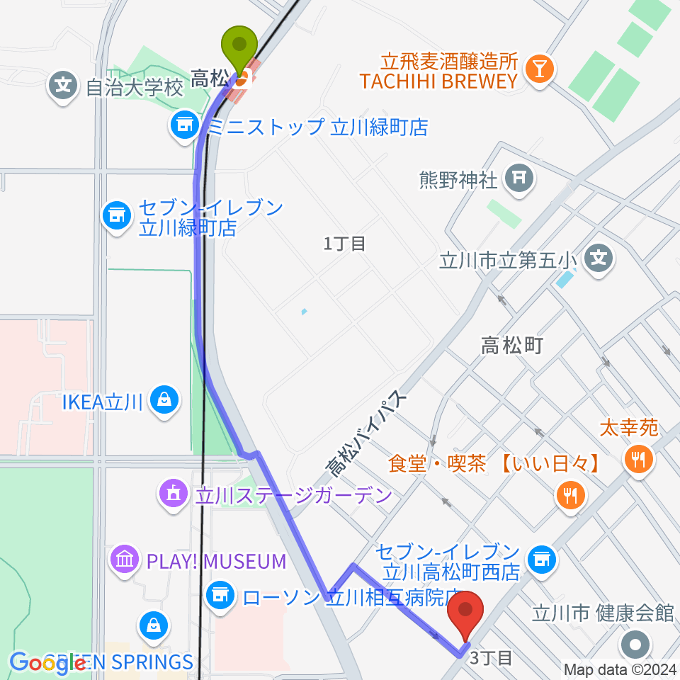 高松駅から青江楽器ミュージック・イン・トムへのルートマップ地図