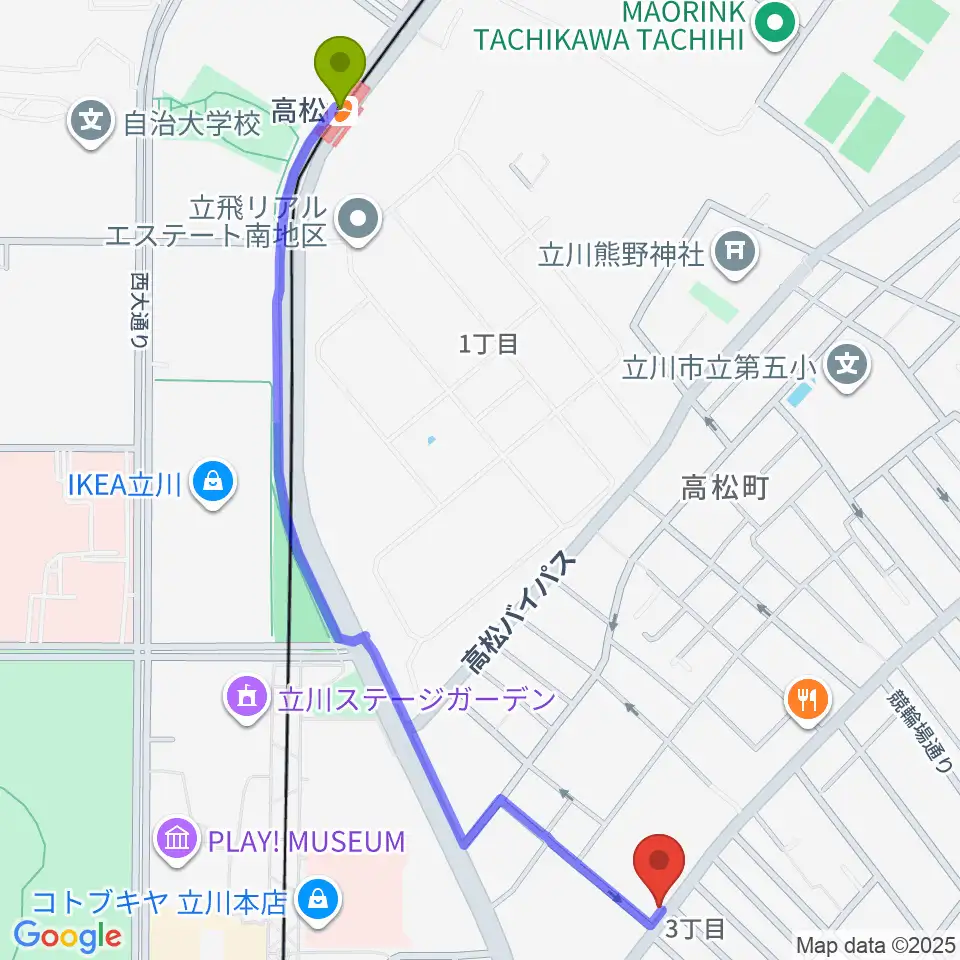 高松駅から青江楽器ミュージック・イン・トムへのルートマップ地図