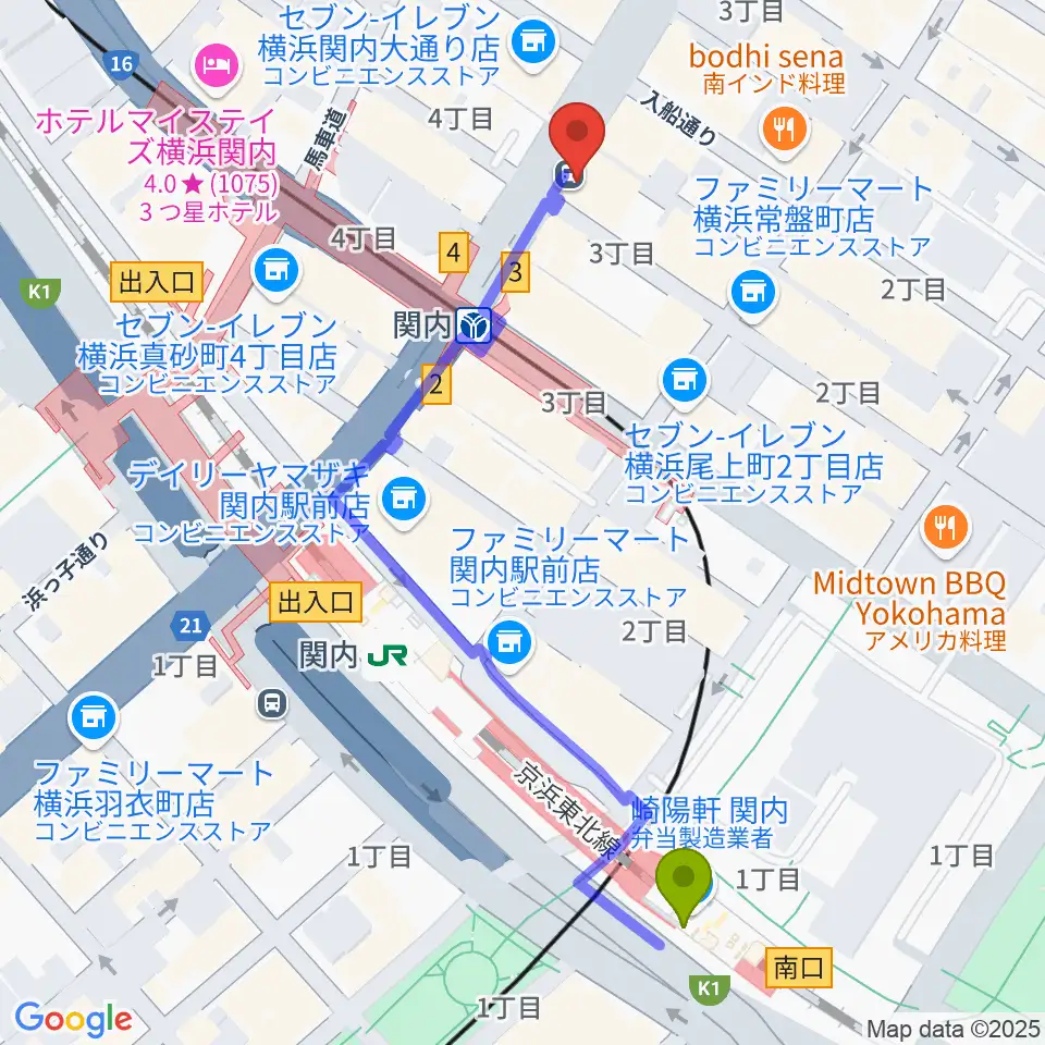 Music Lab.濱書房の最寄駅関内駅からの徒歩ルート（約6分）地図