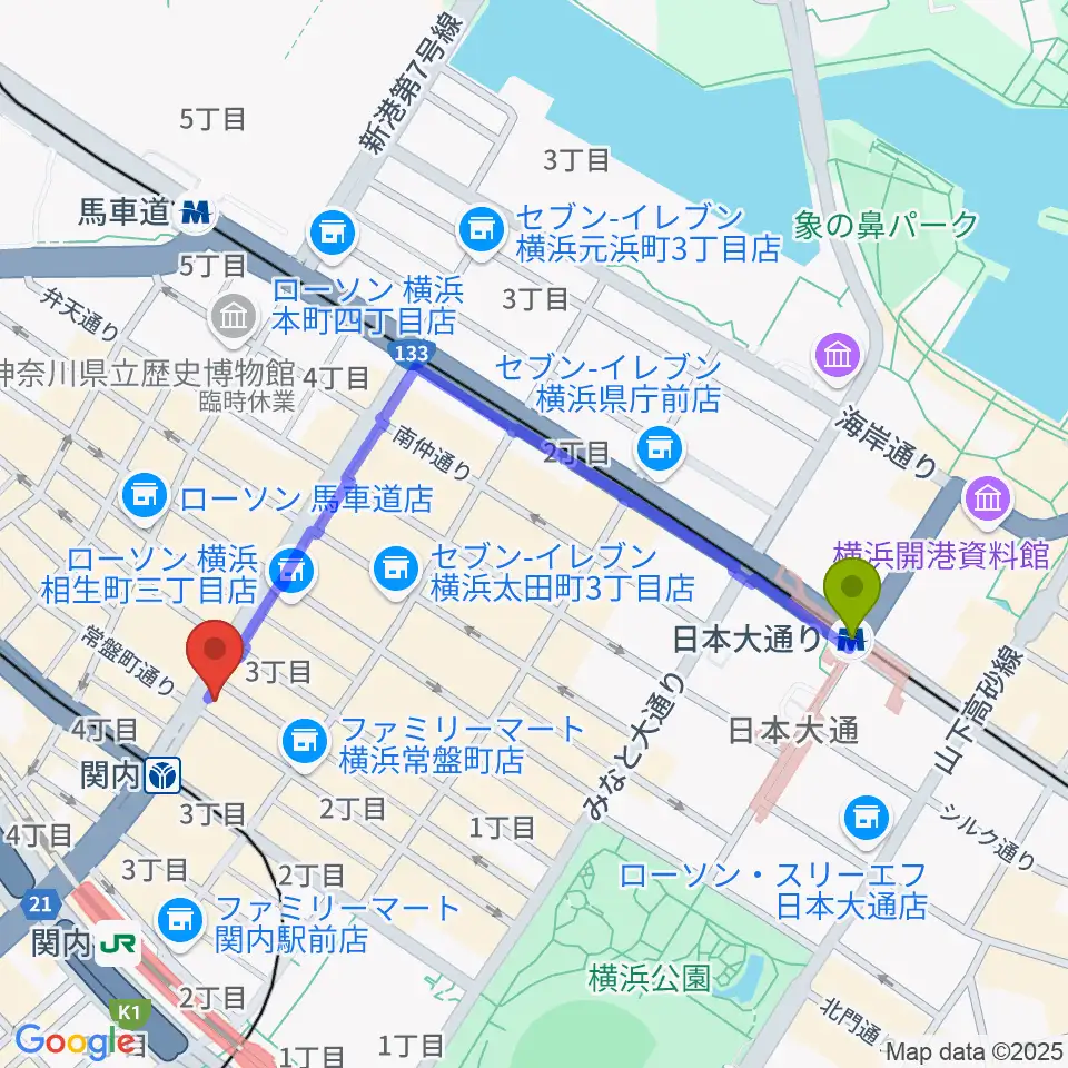 日本大通り駅からMusic Lab.濱書房へのルートマップ地図