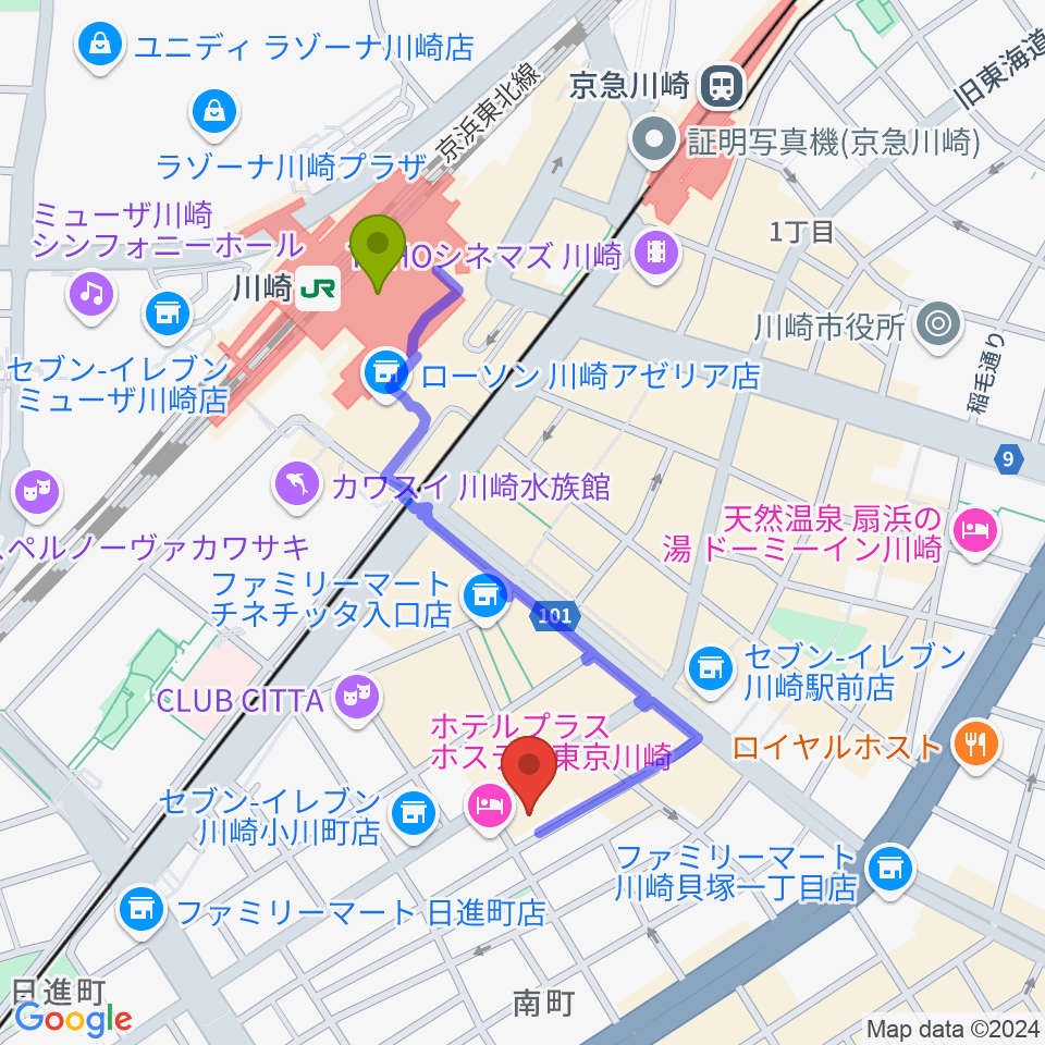 アイオン音楽スタジオの最寄駅川崎駅からの徒歩ルート（約8分）地図