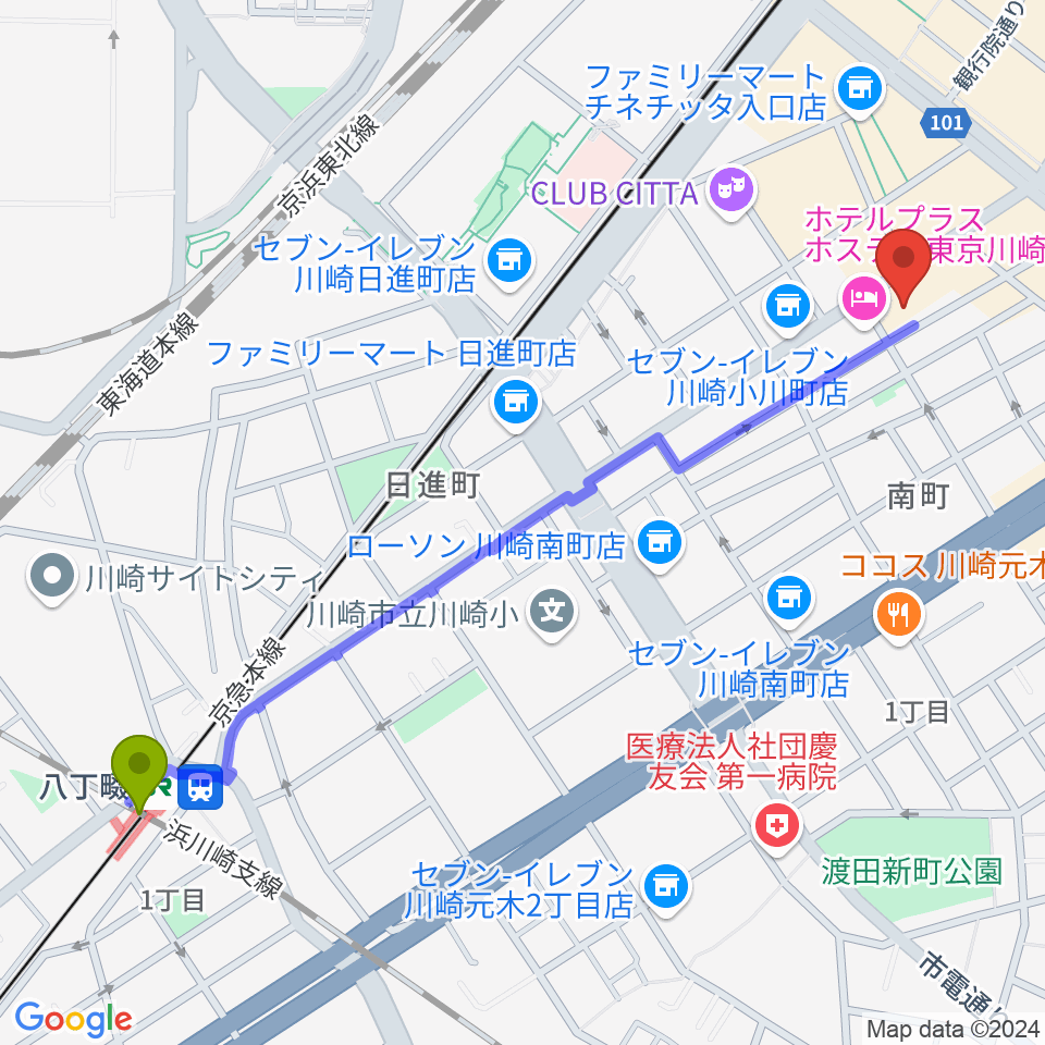 八丁畷駅からアイオン音楽スタジオへのルートマップ地図