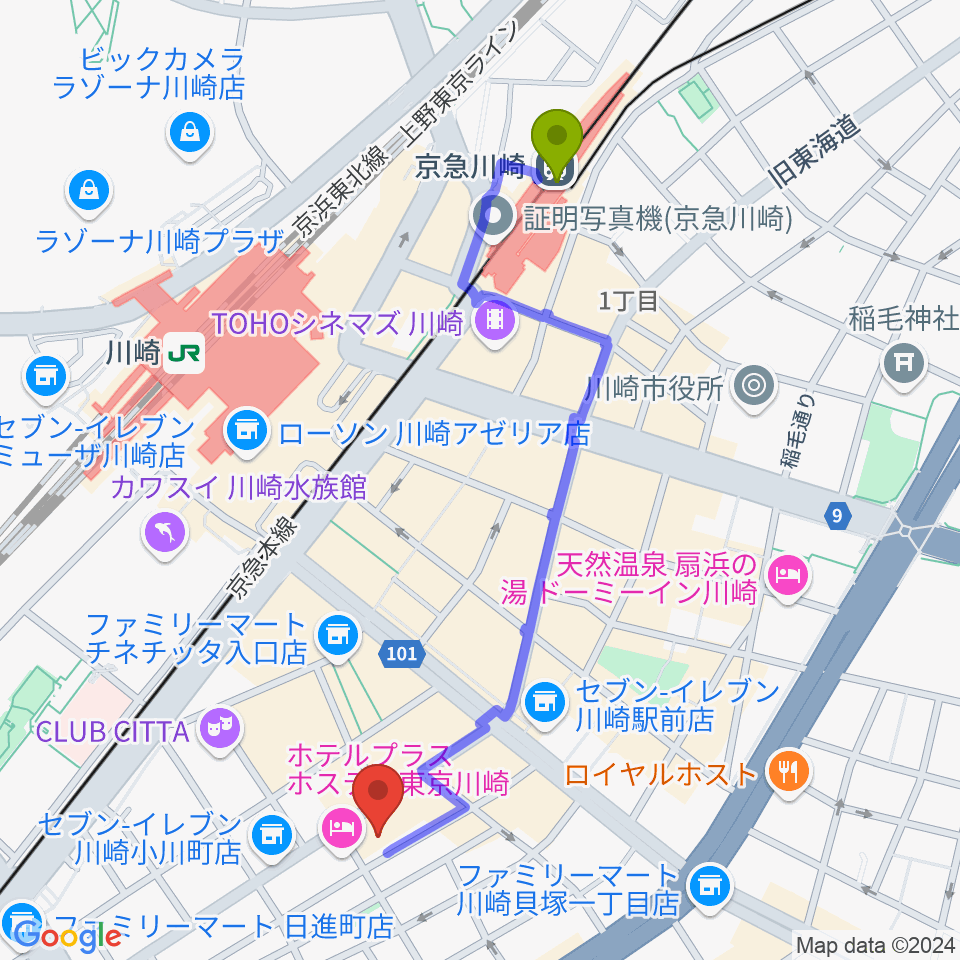 京急川崎駅からアイオン音楽スタジオへのルートマップ地図